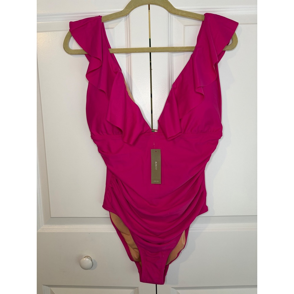 J.Crew NWT Ruffle V-Neck One-Piece Swimsuit Fuchsia Pink Ruched Women's Size 12
